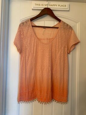Free People Peach Boho Tunic Top – Sheer bead Trim Hem – Size L
